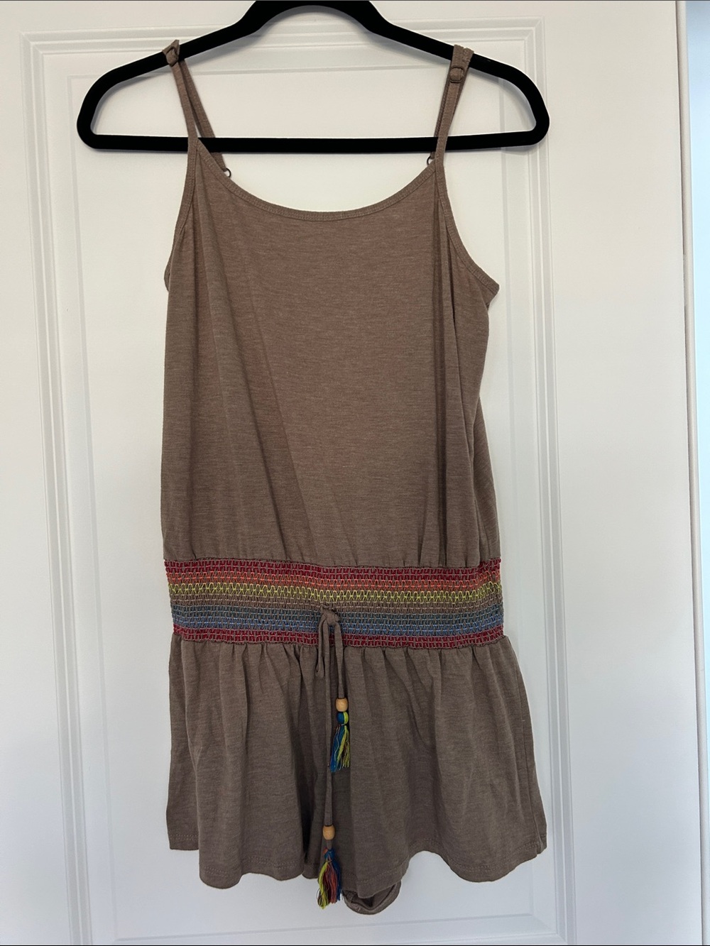 Brown Sleeveless Romper with Multicolor Smocked Waist
